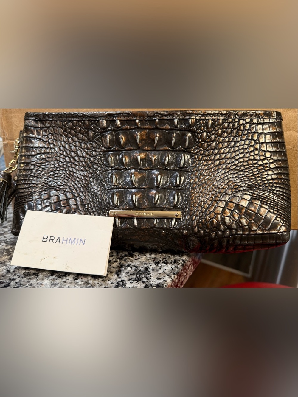 Brahmin chocolate brown Melbourne wristlet. ECU